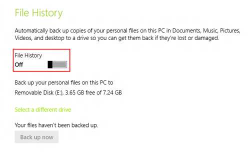 Windows 8.1 File History, Toggle